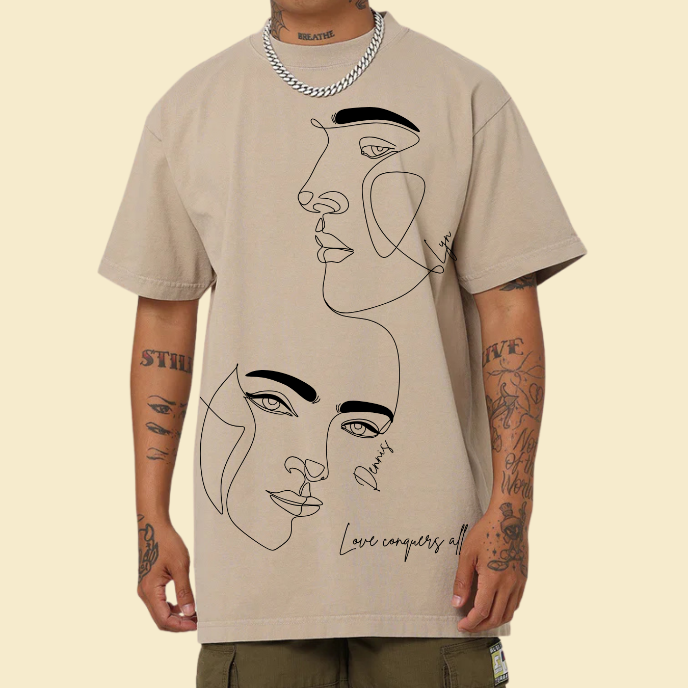 Spread love and positivity wherever you go with our 'Love Conquers All' custom t-shirt!