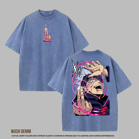 Step into infinity with the Satoru Gojo Oversized Tee — where anime power meets vintage street style